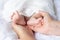 Mother Hand hold Cute newborn foot baby girl in white blanket onÂ nurseryÂ bed.Adorable new born child people
